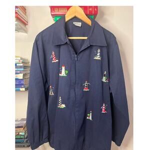 Vintage Navy Blue Lighthouse Embroidered Jacket  Measures like an XL